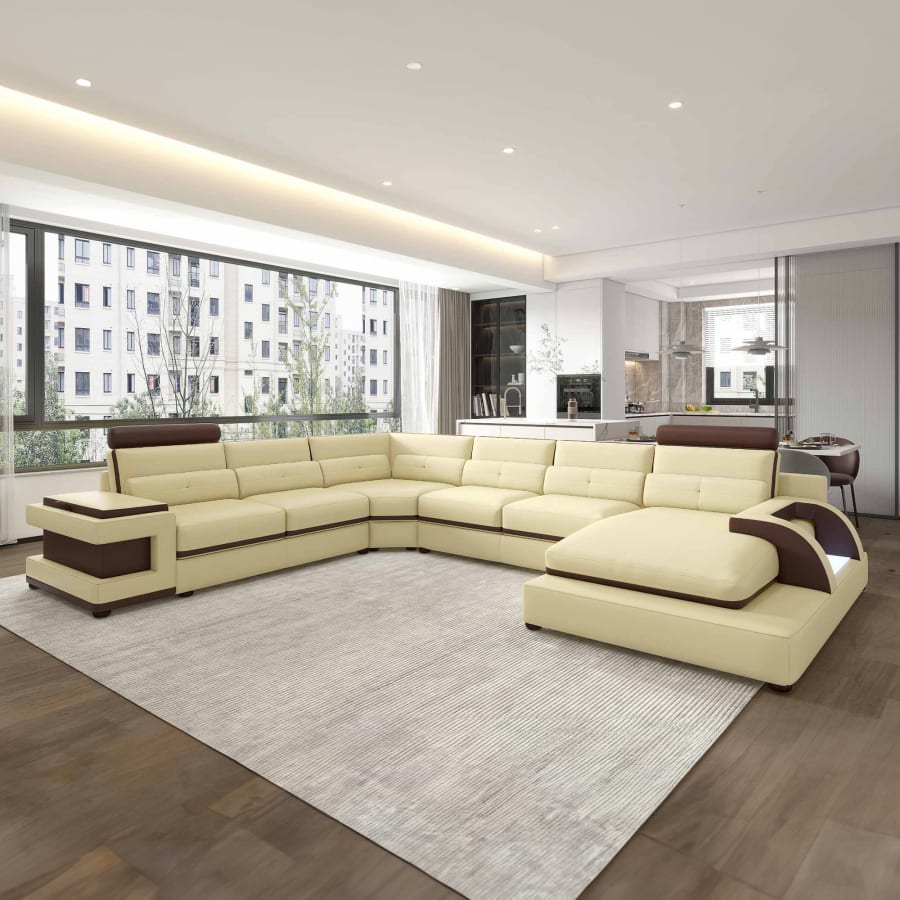 Canap&eacute; d'angle gauche panoramique design en cuir beige et marron avec lumi&egrave;re int&eacute;gr&eacute;e